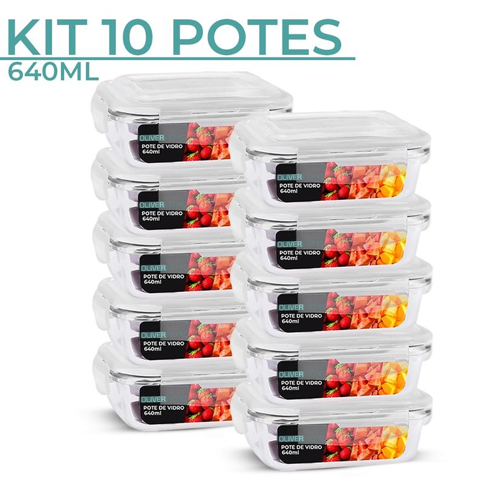 Kit 10 Potes de Vidro 640ml Hermético Marmita Fit com Tampa 4 Travas Oliver Home